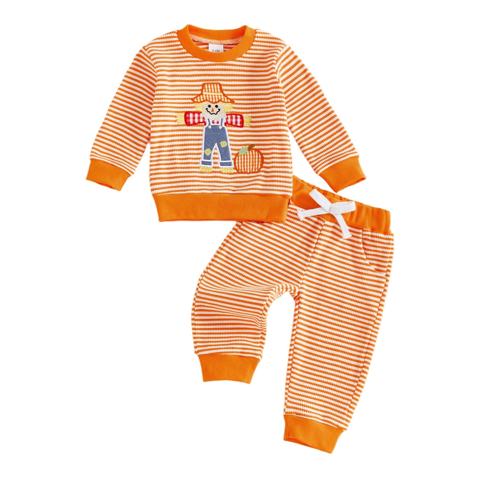 FOCUSNORM Toddler Baby Boy Halloween Outfit Pumpkin Ghost Embroidery Waffle Sweatshirt and Pants Set Fall Winter Clothes
