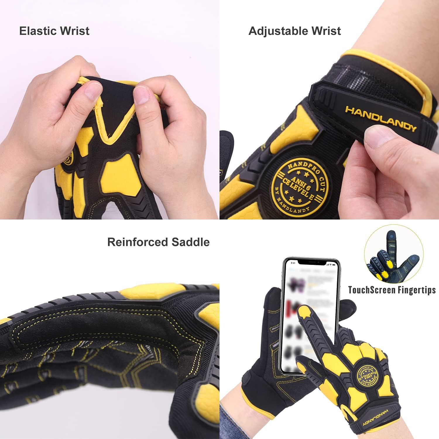 HANDLANDY HLDD Heavy Duty Work Gloves, TPR Protector Impact Gloves, Men Anti Vibration Mechanic Work Glove TouchScreen