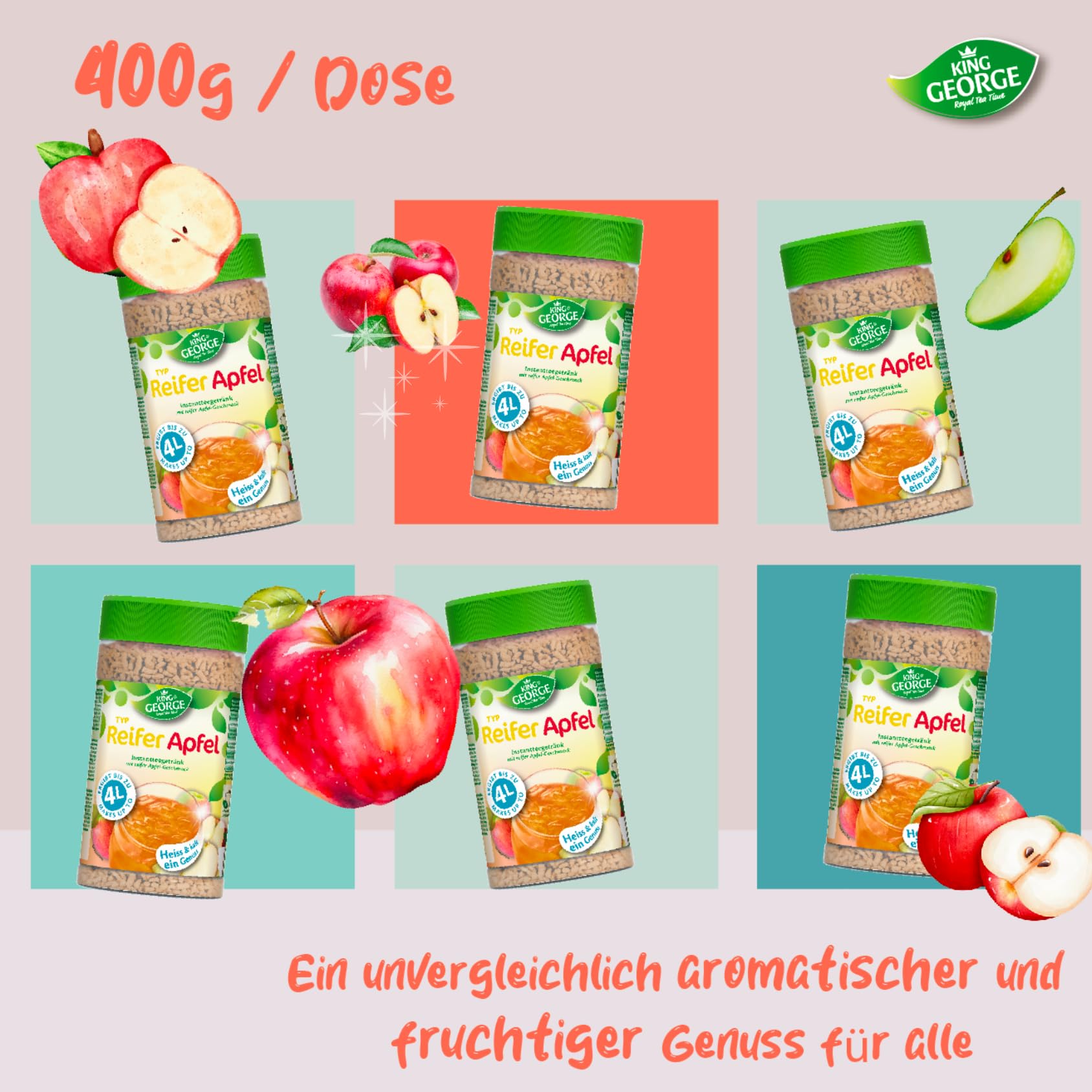 KING GEORGE Bebida instantánea de té de manzana madura, 12 x 400 g, bebida instantánea con sabor a manzana, caliente y fría, un placer, paquete de almacenamiento de té de migas, bebida para verano