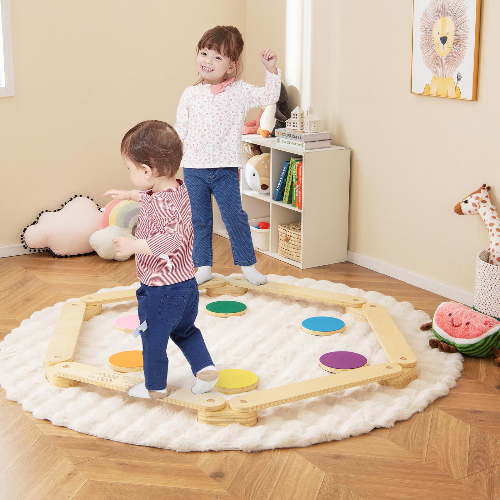 COSTWAY Barra de Equilibrio de Madera y Piedrecita, Carrera de Obstáculos de Gimnasia para Niños de 12 Piezas, Juguete Montessori de Madera para Interior/Exterior, Regalo para Niños de 3 a 7 Años