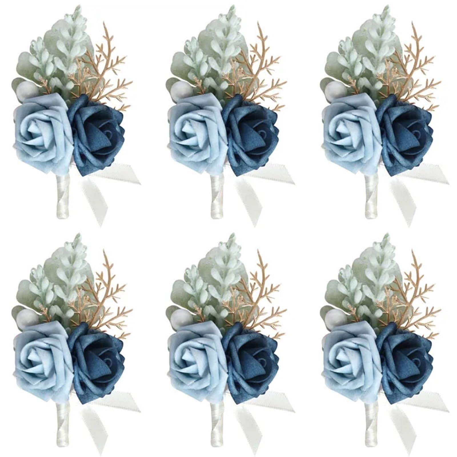 Ansteckblume Luxuriöse blaue Rose Hochzeit Handgelenk Corsage Boutonniere Set schickes Accessoire for die Braut-Bräutigam-Party(6PCS Boutonniere)