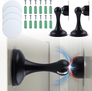 2 Pack Magnetic Door Stoppers Stainless Steel Door Stops Magnetic Door Catch for Wall and Floor Mounting No Drilling Door Stop with Adhesive Tapes & Screws,Black
