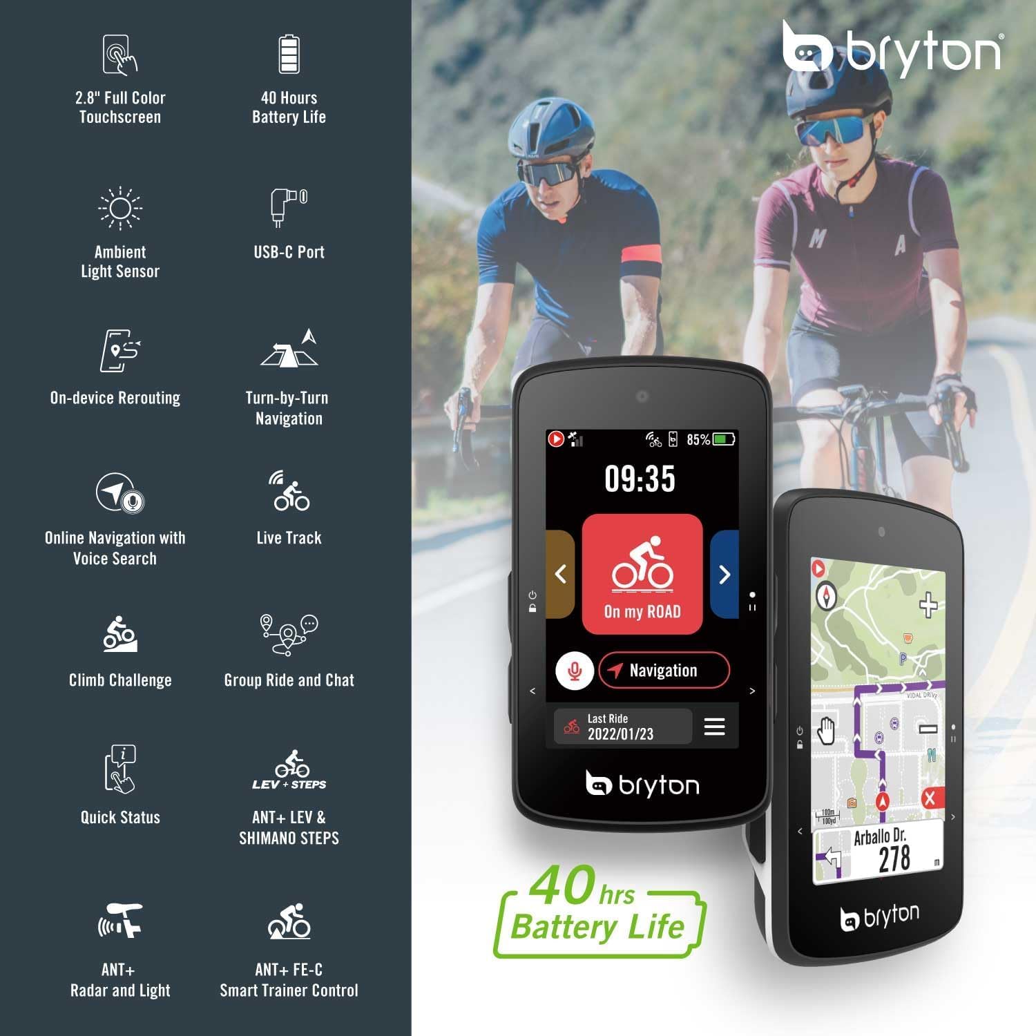 Bryton Rider 750SE 2.8 Inch Colour LCD Touchscreen GPS Bike Computer Offline EU Map Compatible with Bicycle Radar 40 Hours Battery Life Navigation with Turn-by-Turn Follow Track