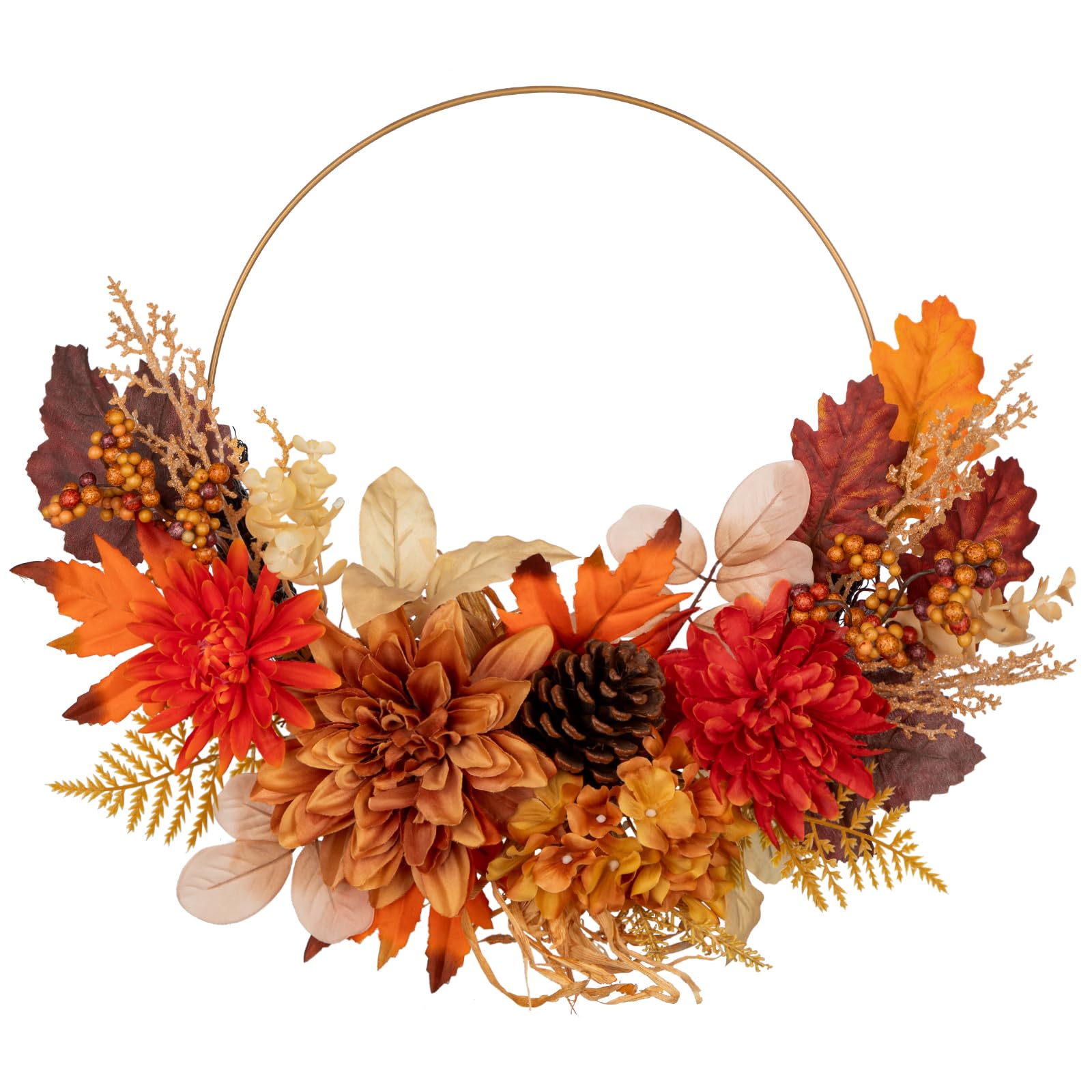20" Artificial Autumn Floral Wreaths for Front Door Fall Metal Hoop Wreath