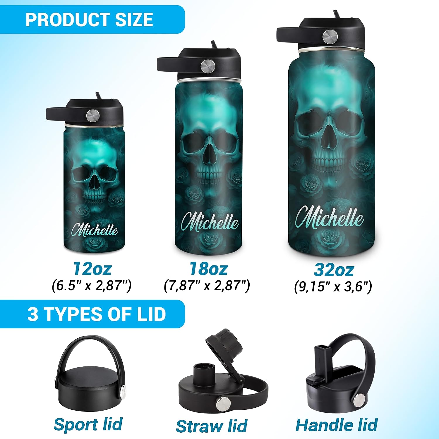 Hyturtle Personalized Skull Water Bottle - Travel Insulated Stainless Steel Bottle with Leak-Proof Lid 18 oz 32 oz - Skull Gift for Women Girls Skull Lover With Floral On Birthday Christmas