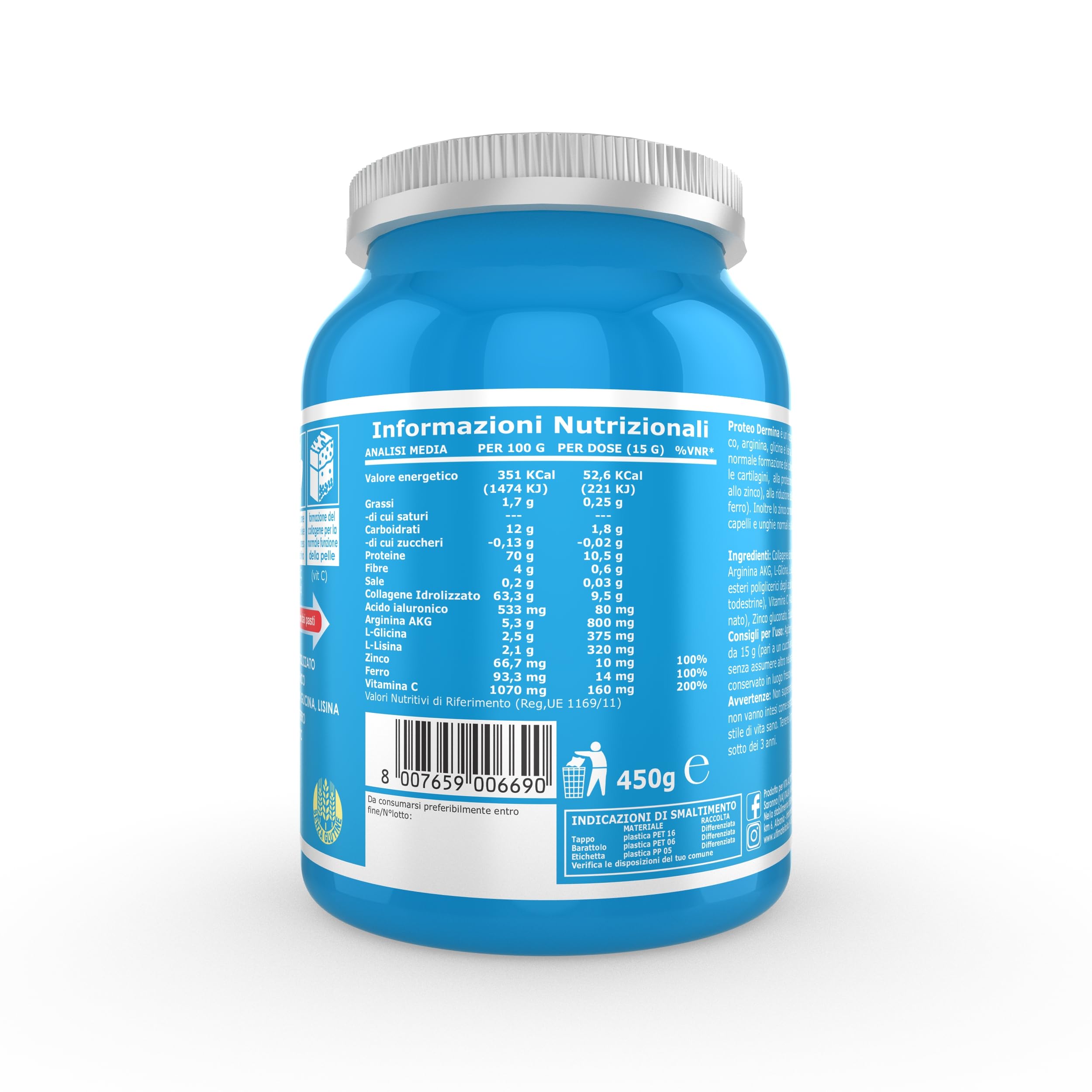 Ultimate Italia - Proteo Dermina - 450g - gusto cacao - Integratore di collagene e acido ialuronico per mantenere la pelle giovane e supportare cartilagini, legamenti e tendini