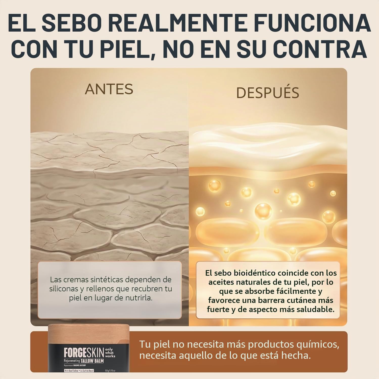 FORGE SKIN Wrinkle Defense - Bálsamo de sebo de res para hombres, hidratante facial, crema antienvejecimiento para la piel, loción natural para el cuidado facial con aceites esenciales, 50 ml