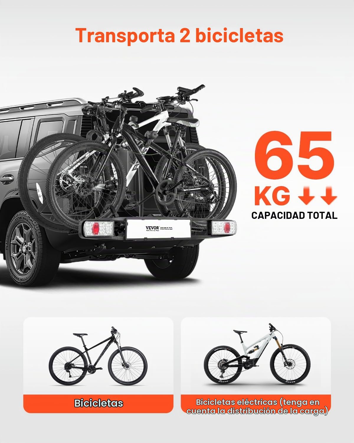 VEVOR Portabicicletas Compatible con Receptores 5 cm, Portabicicletas para 2 Bicicletas con Carga de 65 kg, Plegable y Bloqueable para Bicicletas Eléctricas con Luz Trasera, 69 x 126,5 x 70,7 cm