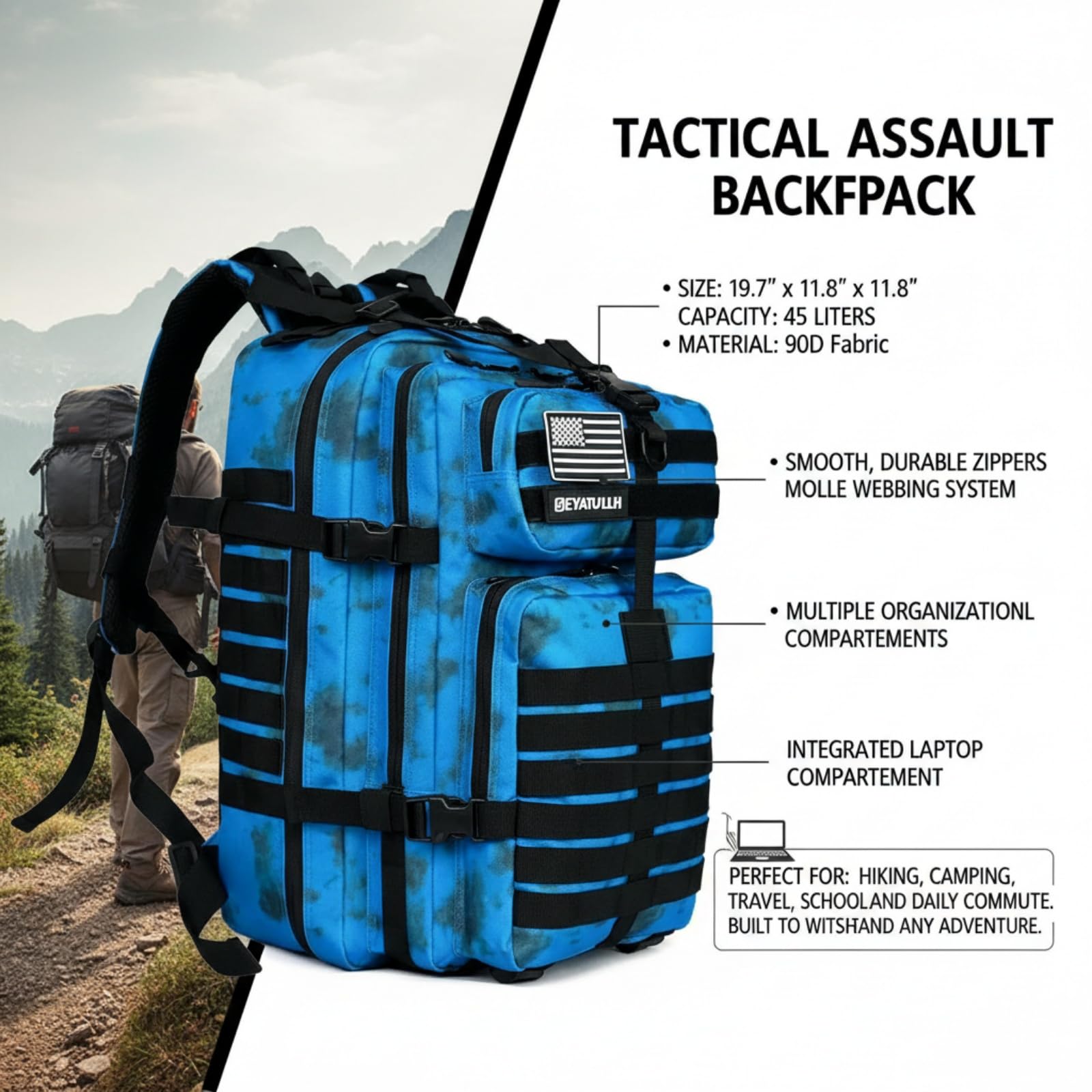 Militärischer taktischer Rucksack, 45 l, für Damen und Herren, Bug-Out-Tasche, Molle-Tagesrucksack, Wandern, Trekking-Rucksack, Blaue Krawatte, Large, Taktischer Rucksack