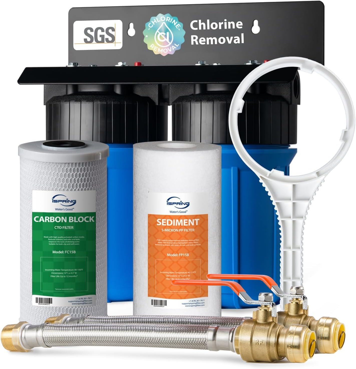 iSpring WGB21B+AH12MN16X2 2-Stage Whole House Water Filter System, Reduces Chlorine, Sediment Water Filtration System for Home with 3/4'' Braided Stainless Steel Hose Connectors and Ball Valve