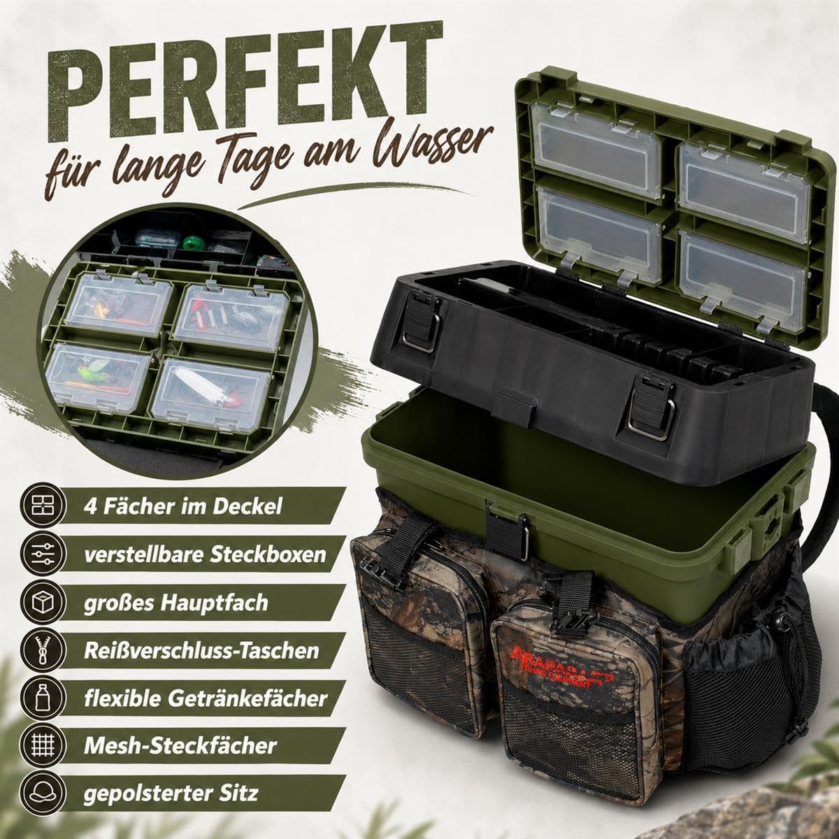 Sitzkiepe Angelrucksack mit 4 Tackleboxen Olive Camouflage Bundle | Angelrucksack, Sitzbox und Angelkoffer in Olive/Camouflage – inkl. 4 Tackleboxen, Futterwannen und Sitzpolster