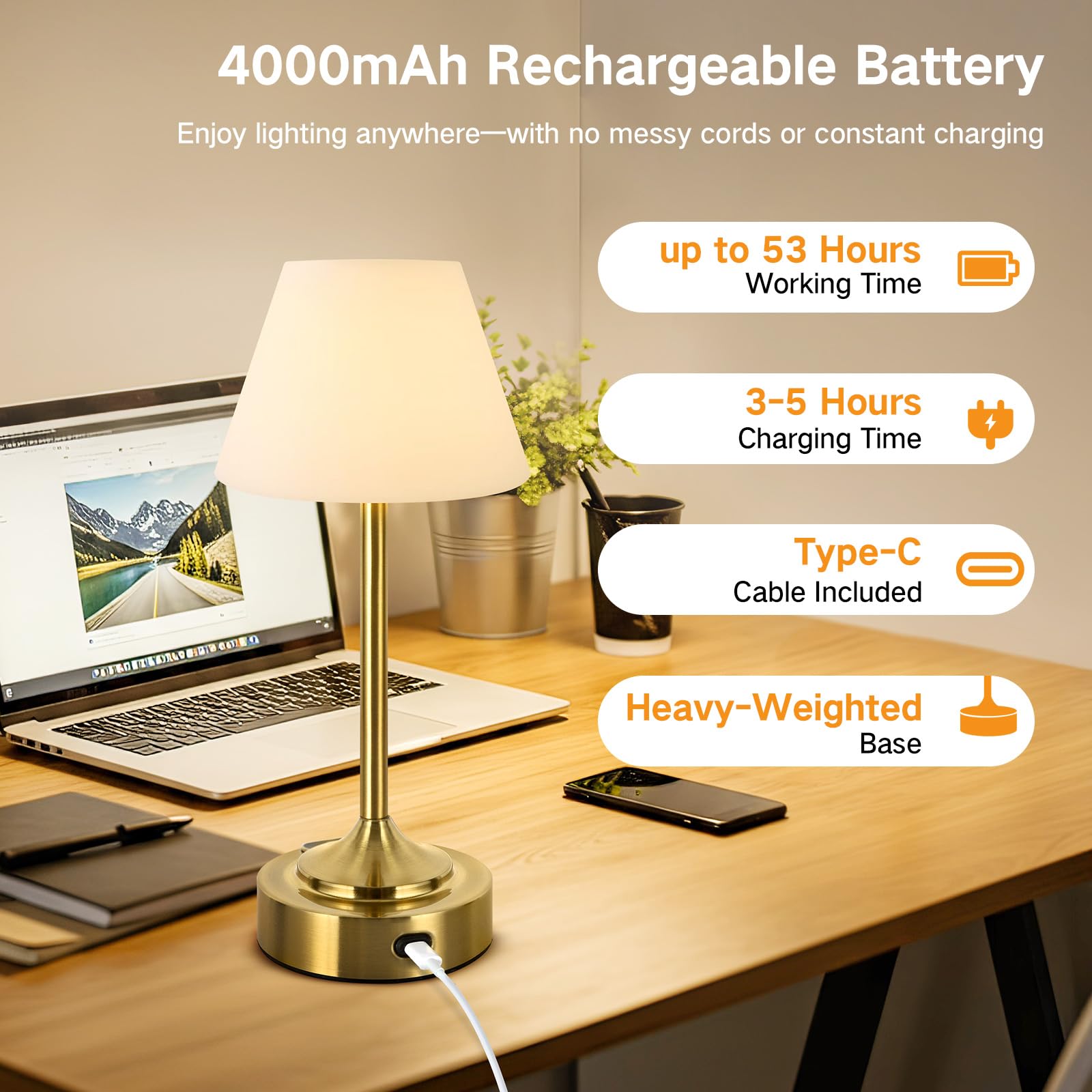 OUTON Pack 2 Lámparas de Mesa LED Sin Cable – Indicador de Batería, Regulación Táctil, USB-C, 3 Tonos (3000–6000K), IP54, Hasta 53h de Autonomía, para Dormitorio, Baño, Terraza (Oro)