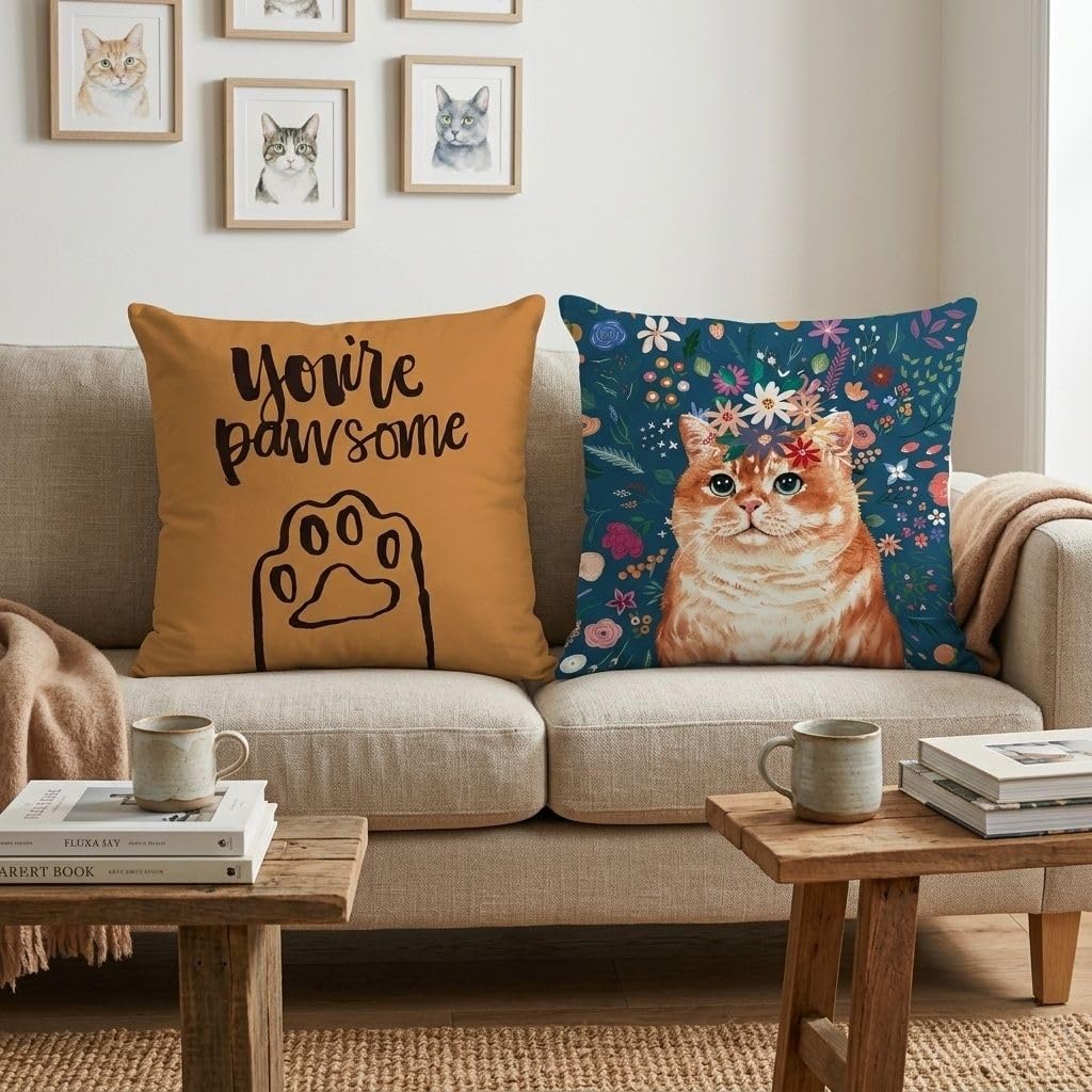 Set 4 Federe Cuscino Gatti e fiori, Velluto 45x45cm, Cerniera invisibile, Lavabile