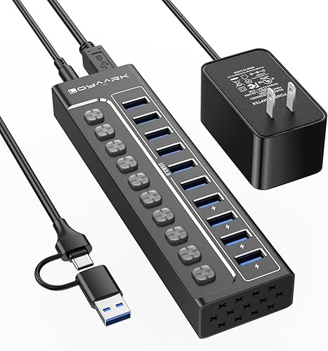 Hub USB 3.0 alimentado, divisor de concentrador USB de 10 puertos con interruptores individuales y luces indicadoras, 10 puertos de transferencia de