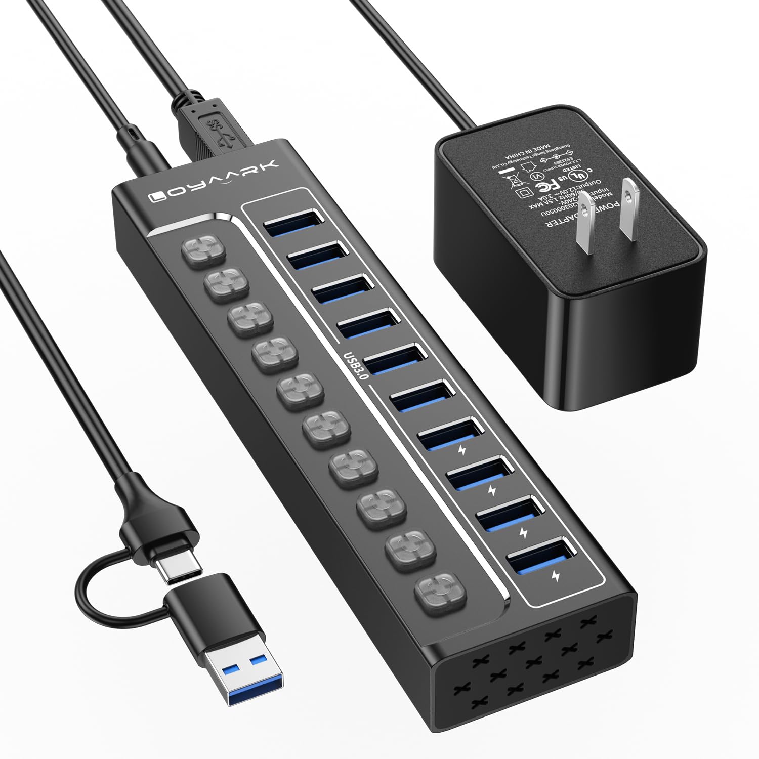 Hub USB 3.0, divisor de concentrador USB de 10 puertos con interruptores individuales y luces indicadoras, 10 puertos USB 3.0 de transferencia de datos, 4 de los cuales se pueden utilizar para carga