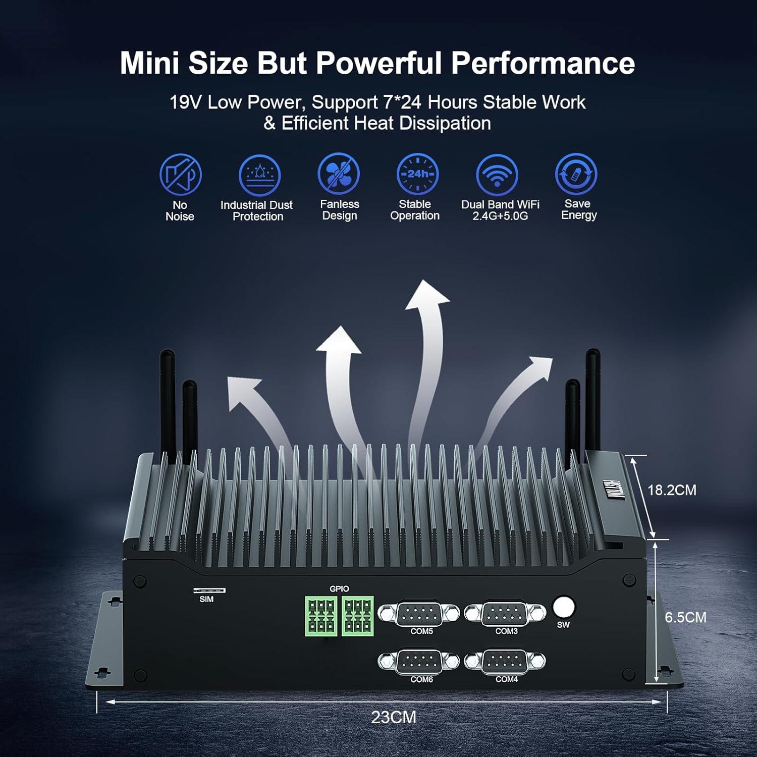 Image highlighting the fanless cooling design and compact dimensions of the HISTTON H4-T Mini PC, showing heat dissipation arrows and measurements.