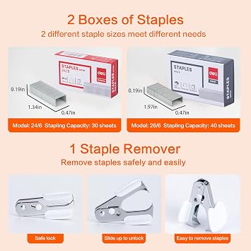 Deli Stapler, Effortless Staplers for Desk, 40 Sheet Capacity Heavy Duty Stapler, One Touch, No Effort, Easy to Load, with 2000 Staples & Staple Remover, 6 Pack, Black&White