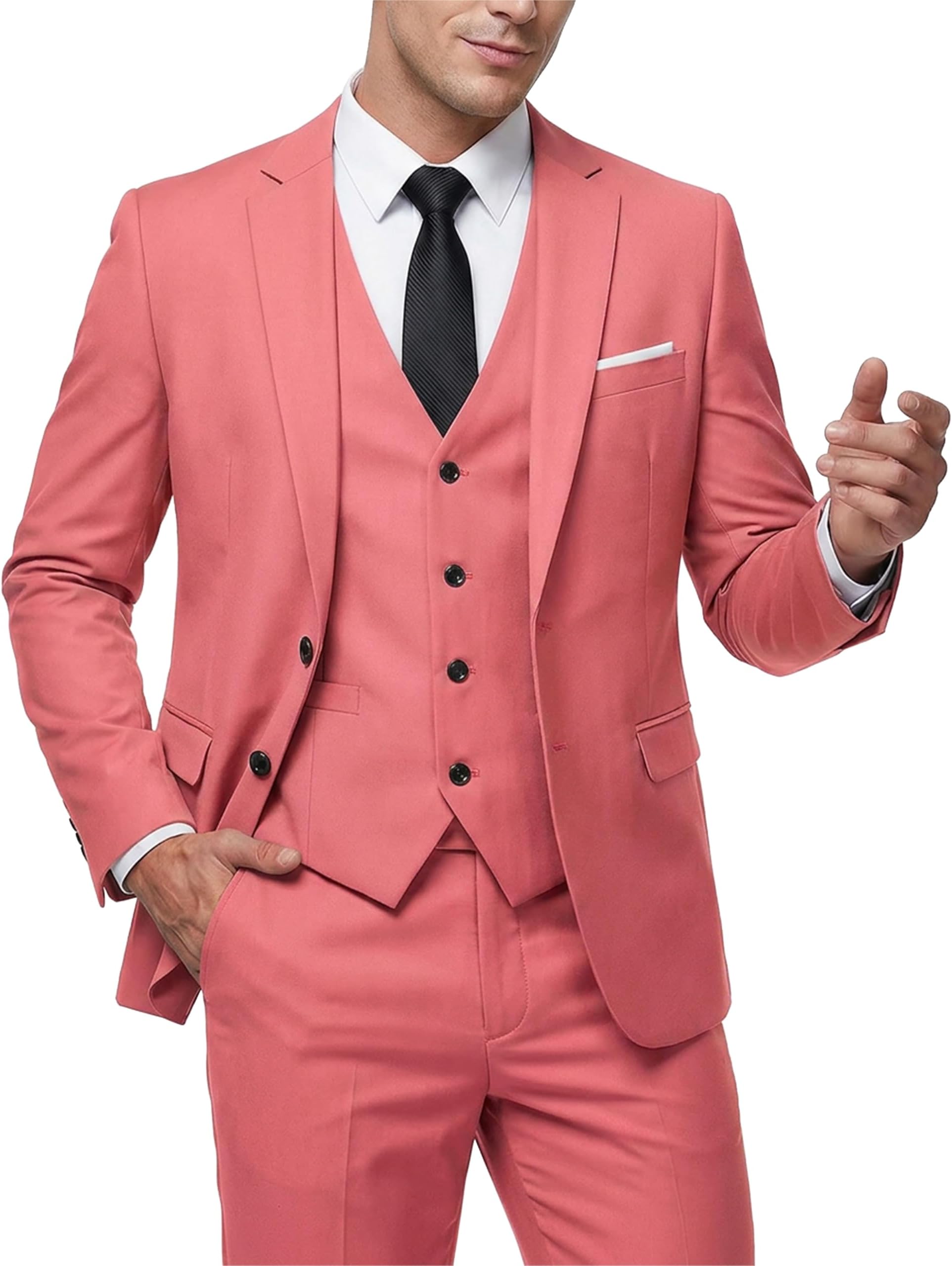 MY'S Men's 3 Piece Slim Fit Suit Set, 2 Button Blazer Jacket Vest Pants with Tie, Solid Wedding Dress Tux and Trousers