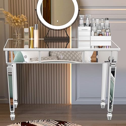 Miniatura 1 de Henf Mesa de consola con espejo, mesa de tocador plateada con 3 cajones, mesa auxiliar de espejo para pasillo, sala de estar, tocador con espejo