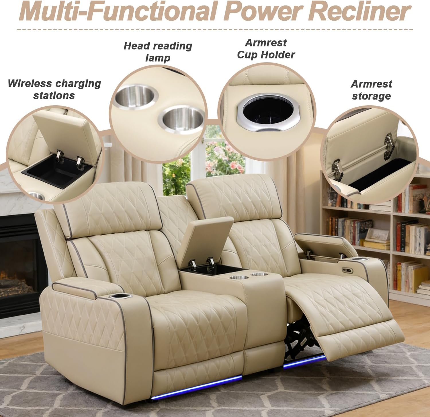 Beige Leather Power Recliner Sectional Sofa Set with LED Light,L-Shaped Reclining Couch with USB Port,Leather Sofa with Cup Holder/Storage for Living Room/Home Theater(Sectional+Loveseat)