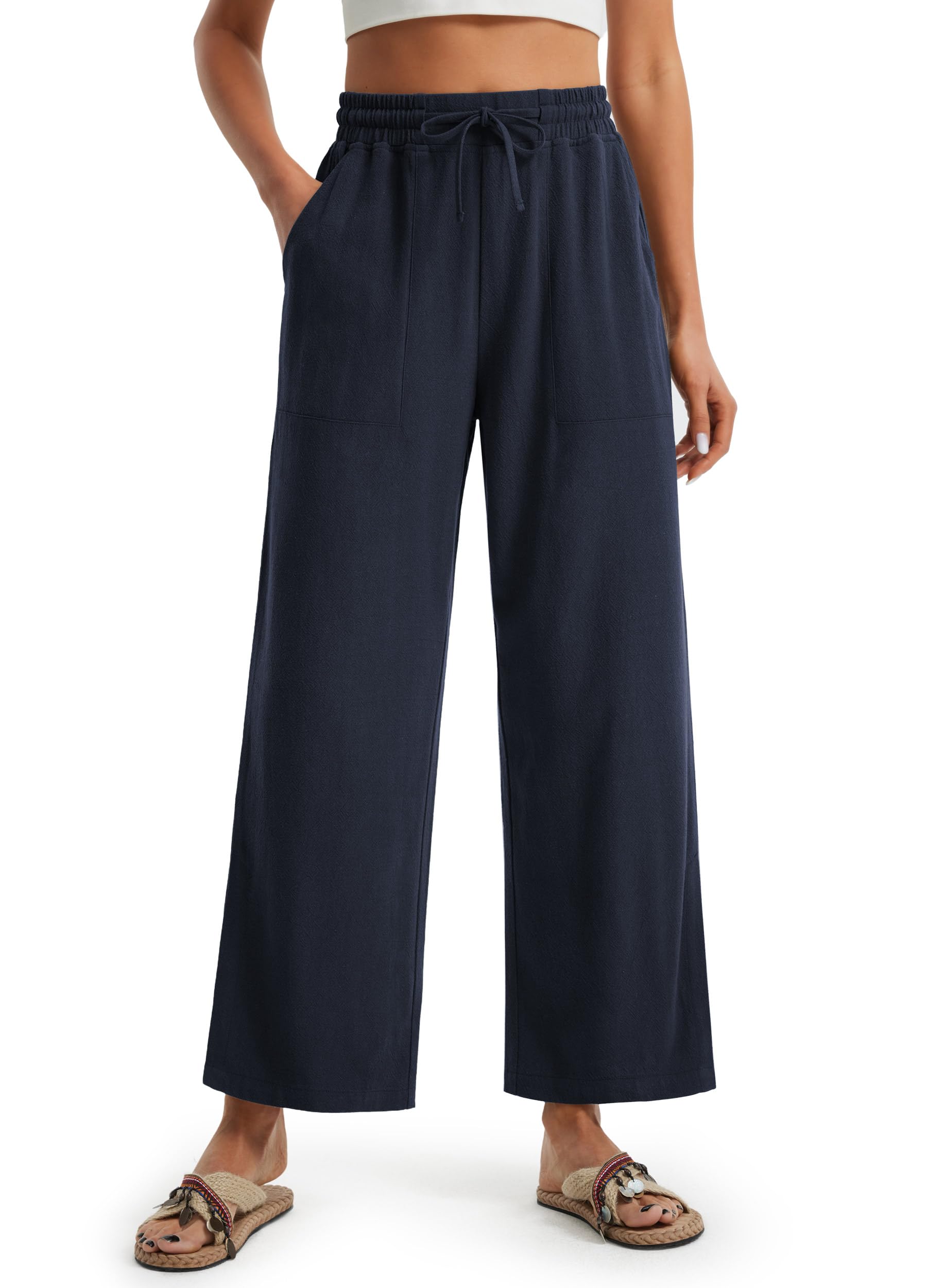 Libin Women Linen Pants Wide Leg Side Slit Ankle Pants High Waist Drawstring Casual Palazzo Loose Beach Pant Cropped Trousers