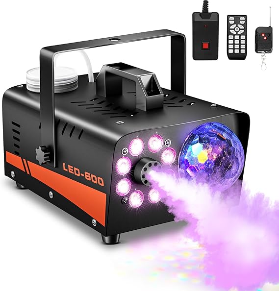 Fog Machine, Smoke Machine with Disco Ball Lights, 600W and 4000CFM with 13-Color LED Effects, Wired And Wireless Remote Controls, Ideal for Indoor, Outdoor, Halloween, Wedding, and Parties
