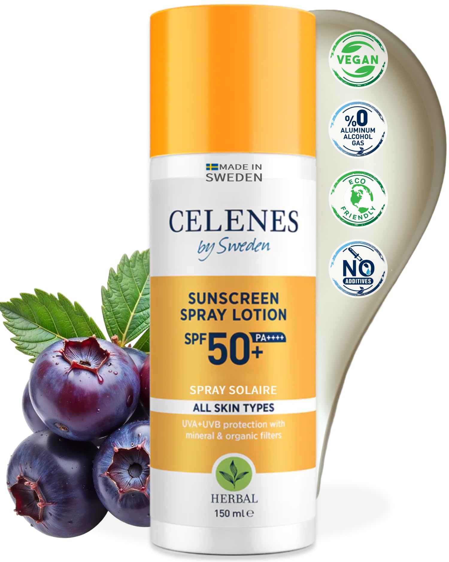 Celenes by Sweden Spray Solar Hierbas SPF50+ | Protección Orgánica y Mineral para Todos los Tipos de Piel | 150ml | Resistente al Agua, Sin Parabenos ni Alcohol