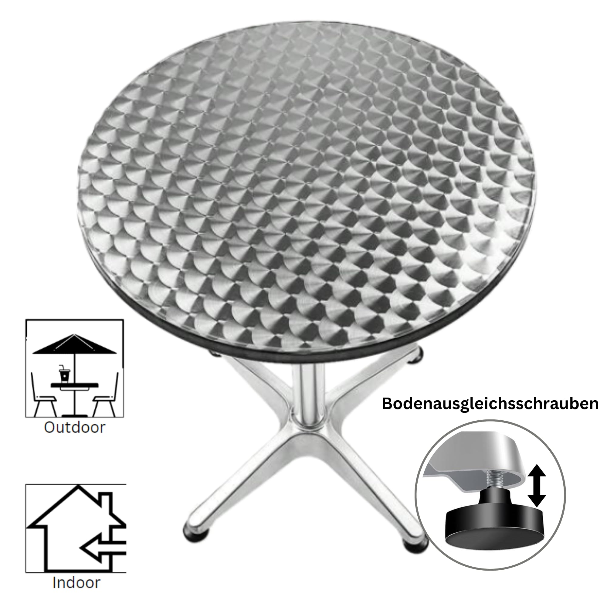 Hochwertiger Bistrotisch aus Aluminium, Runder Aluminiumtisch Wetterfest für Garten, Balkon und Terrassen – Ø 80cm x H72cm / Pflegeleichter Gartentisch mit Standfüßen – Silber glänzend Tischplatte