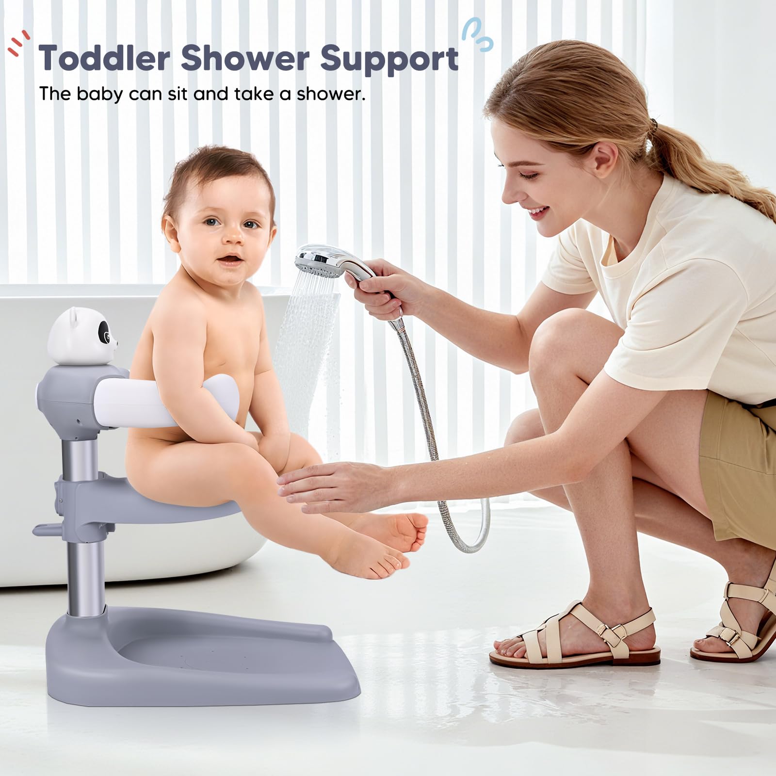 Vasca da bagno per bambini con supporto doccia, anti-schiacciamento, antiscivolo, torre doccia regolabile per bambini in piedi, supporto doccia ideale per neonati