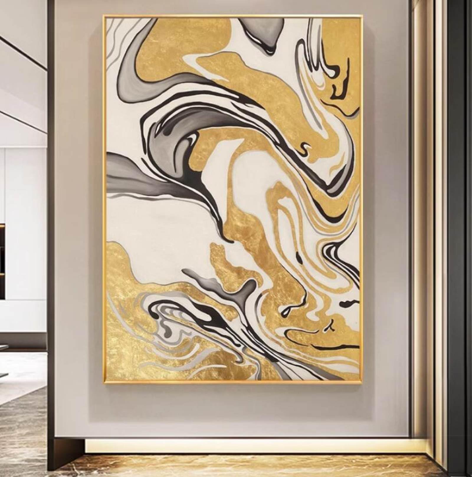 Tableau abstrait gris et jaune en feuille d'or pour décorer un grand mur de salon