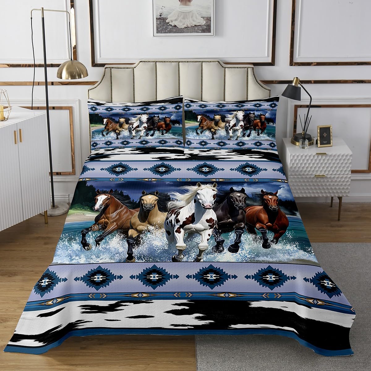 Feelyou Horse Coverlet Set Queen Size Kids Galloping Horse Bedspread Western Cowboy Southwestern Geometric Quilted Coverlet for Room Decor Cute Animal Decor Quilted