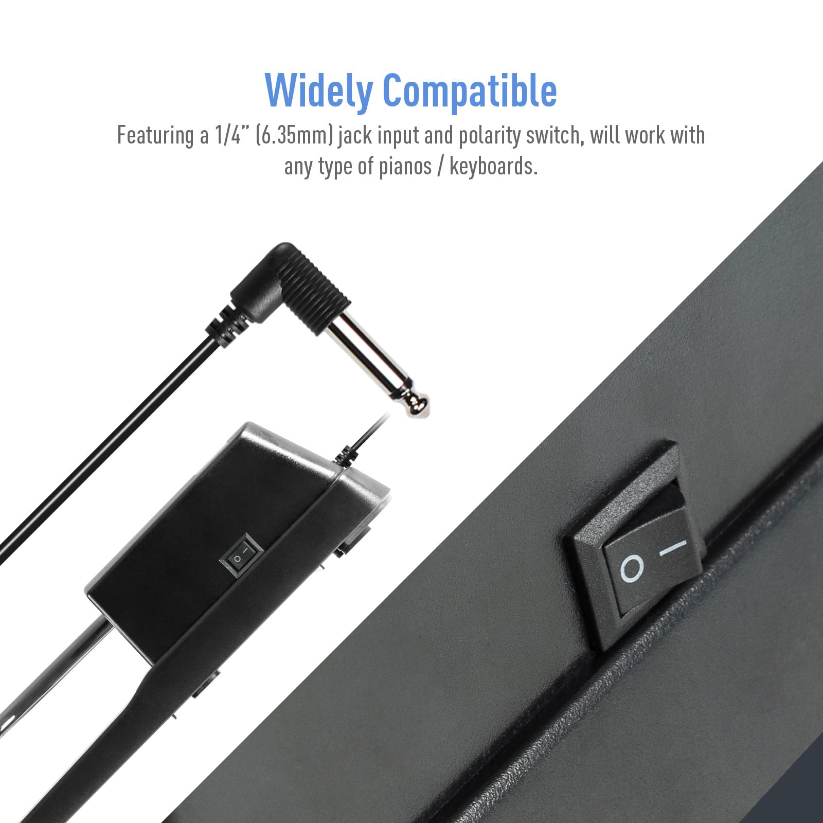 Sustain-Pedal für Keyboards, Digitalpiano, MIDI und Synthesizer mit Polaritätsschalter, 6,35 mm, mit 160 cm Kabeleingangsstecker