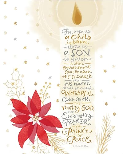 For Unto Us a Child Is Born - Christian Wall Decor Bible Verse Wall Art, Isaiah 96 Typographic Candle Design wPoinsettia Wall Print For Home Decor,