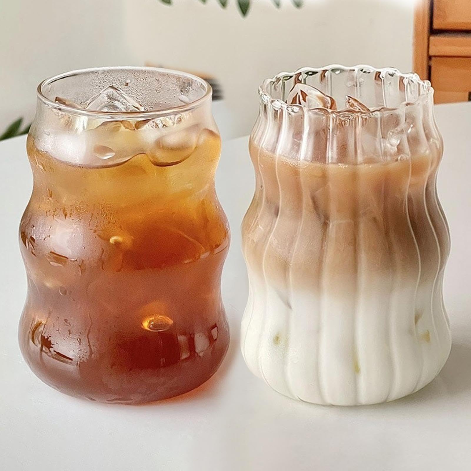 2PCS Ribbed Coffee Glasses, 530ML Iced Coffee Cup, Cloud Shaped Iced Coffees Glass Drinking Cups, Aesthetic Ribbed Matchas Glasses Cup Home Bar Accessories for Cold & Hot Drinks