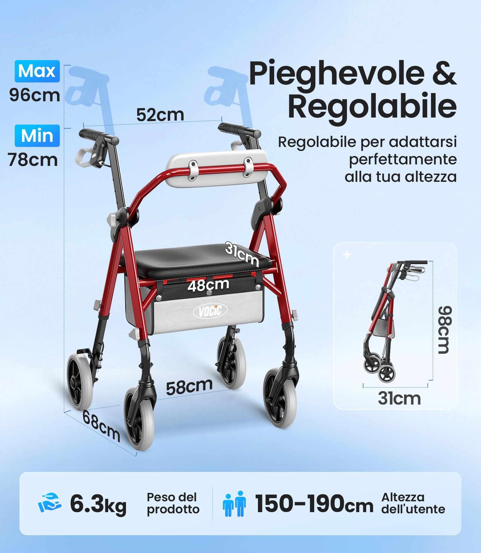 VOCIC Deambulatore pieghevole e leggero con seduta, 6,3 kg ultraleggero | Deambulatore per anziani, max 150 kg, sedile ergonomico, altezza regolabile, walker stretto per casa & viaggi, granata