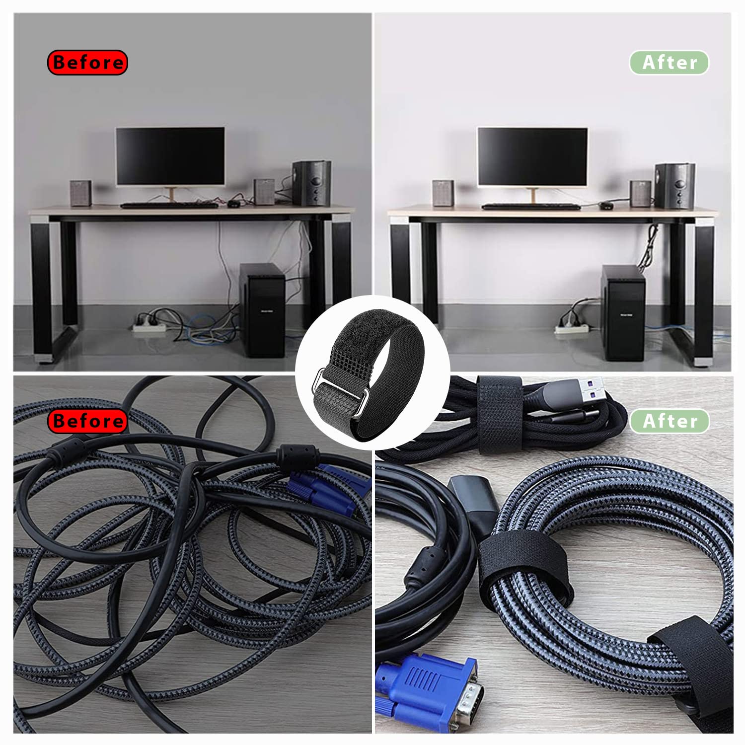 10 sztuk opasek kablowych wielokrotnego użytku 50 cm x 2 cm, Fruitlet® rzep z metalowym oczkiem, taśma na rzep z klamrą, opaski kablowe, zapięcie na rzepy z czarnego nylonu