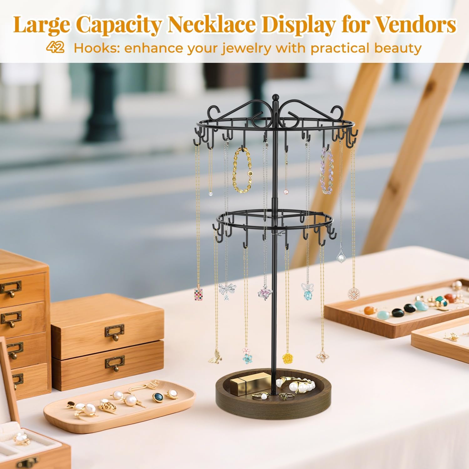 EsLuker.ly Necklace Holder Organizer Rotating Display Stand, 2 Tier Adjustable Height Necklaces Hanger Tree Tower with 42 Hooks, Metal Jewelry Storage Rack with Wooden Tray for Women (Black+Brown)