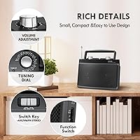 Vista 5 de AM FM Radio portátil enchufable de pared o batería para el hogar y al aire libre, fuerte recepción y sonido estéreo, fácil de usar, conector de Negro