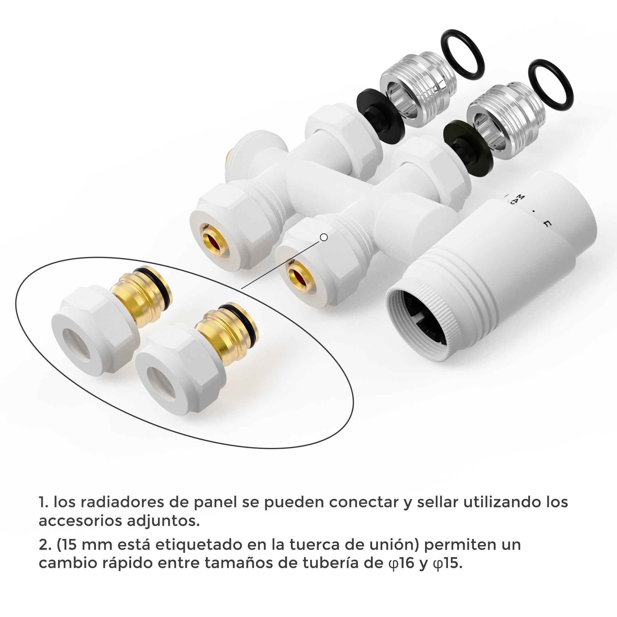 VANCOCO 2 bloques multibloque con termostato para radiadores de 50 mm, distancia entre bujes, bloque de grifo, grifos de válvula, juego de grifos en forma de paso con eurocono para tubos de plástico