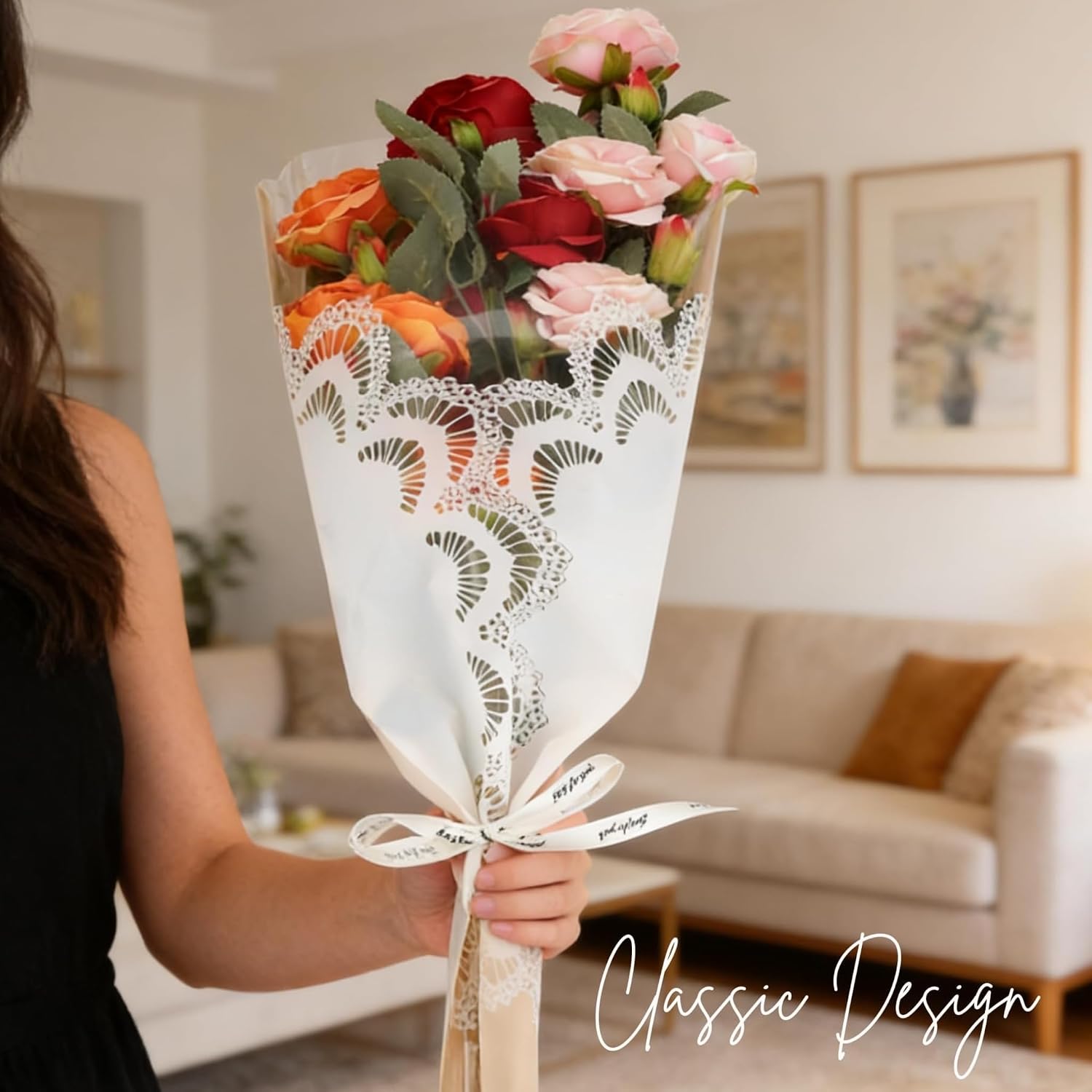 40 Pcs Long Flower Bags for Bouquets with Ribbon, Brown Flower Wrapping Sleeves with Lace Pattern Cellophane for Florist Supplies Wedding Mother's Day Graduation, 11x3.1x19.6 Inches
