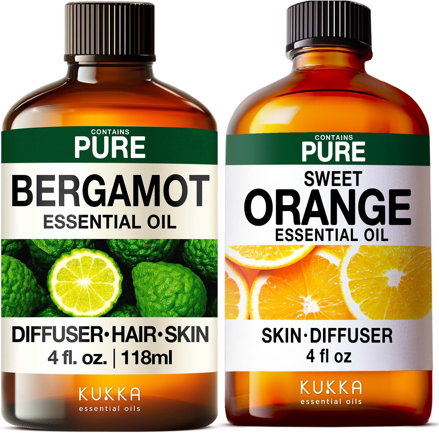 Bergamot Essential Oil for Diffuser & Orange Essential Oil for Diffuser Set - Aromatherapy Grade Essential Oils Set - 2x4 fl oz - Kukka