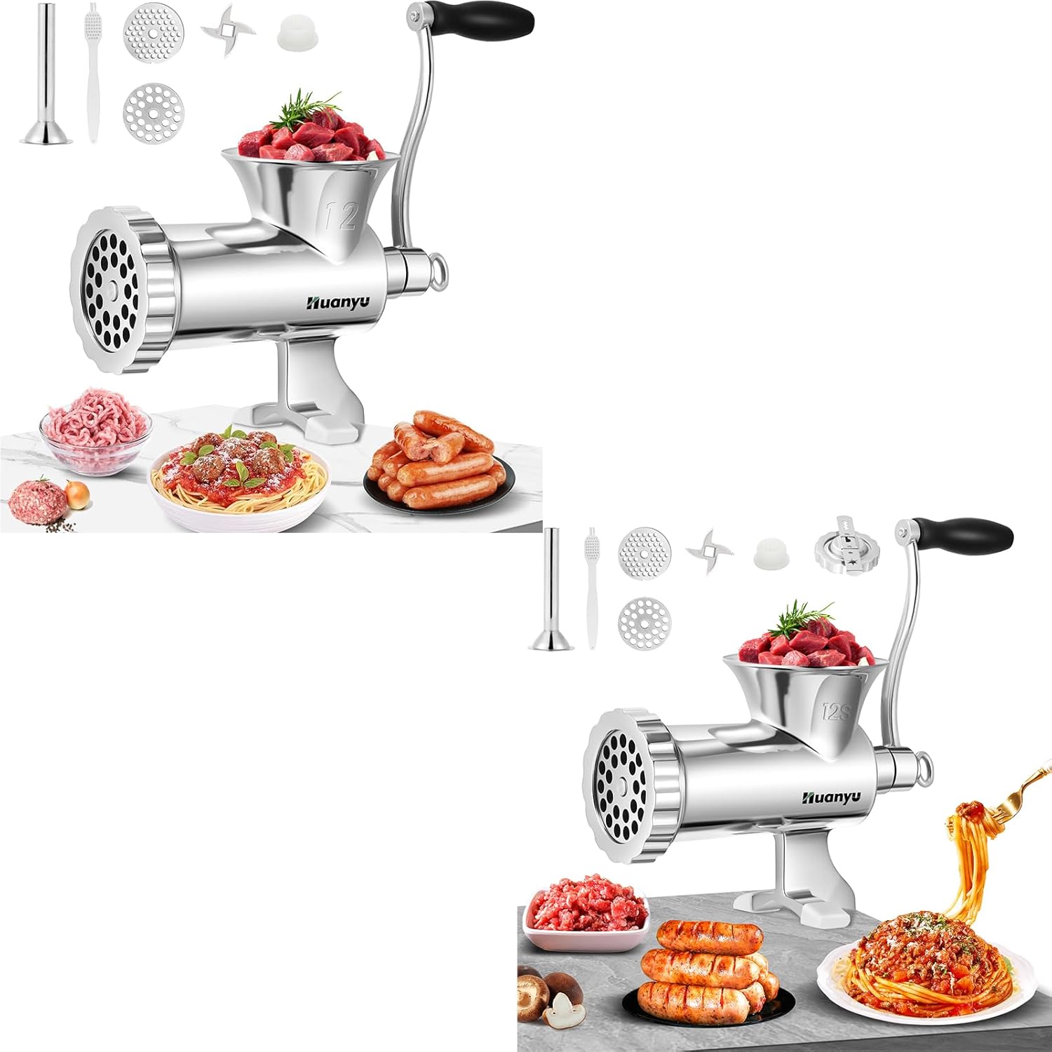 Huanyu Meat Grinder Manual Stainless Steel Sausage Stuffer Meat Mincer NO.12 and Huanyu Manual Meat Grinder with Biscuit Making Accessories (NO.12s) Bundle