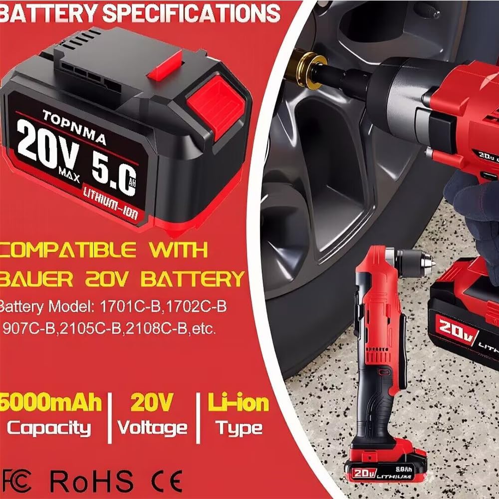 Upgraded 20V 5Ah Lithium-Ion Replacement Battery Pack for Bauer 20V Cordless Power Tools, Fits Bauer Hypermax 20V Cordless Tools 1701C-B 1702C-B 1907C-B 2108C-B 2109C-B