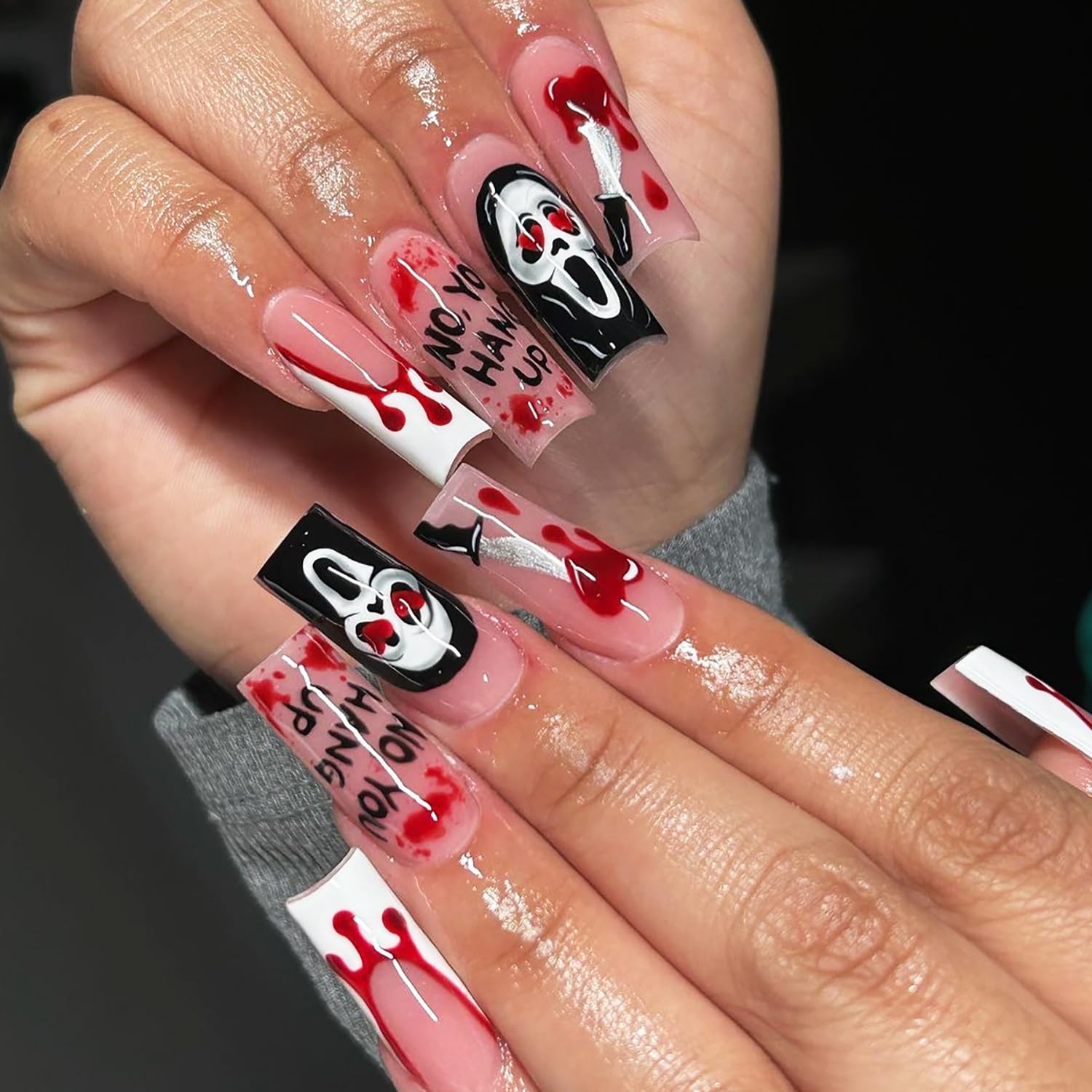 Halloween Press on Nails Medium Square Fake Nails French Tip Glue on Nail Horror Ghost False Nails Blood Skull Stick on Nail Spooky Halloween Acrylic Nails for Women Holiday Manicure 24Pcs