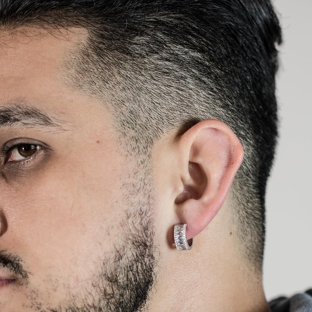 Brilliant Cubic Zirconia Iced CZ Huggie Trendy Hypoallergenic Chunky White Gold Plated 925 Sterling Silver Post Thick Baguette Hoop Earrings Fine Jewelry Birthday Gifts For Men And Women - Image 3