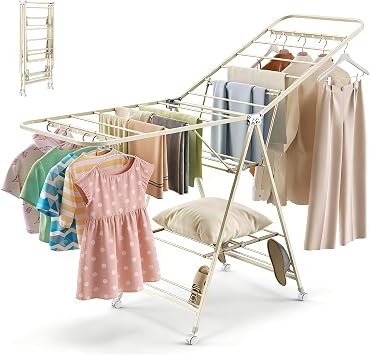 Clothes Airer Foldable Clothes Drying Rack, 2 Height-Adjustable Wings 95/130cm, Carbon Steel, 3-Tier 23 Bars Heavy Duty Cloth Drying Rack with Universal Wheel Lockable for Indoor Outdoor
