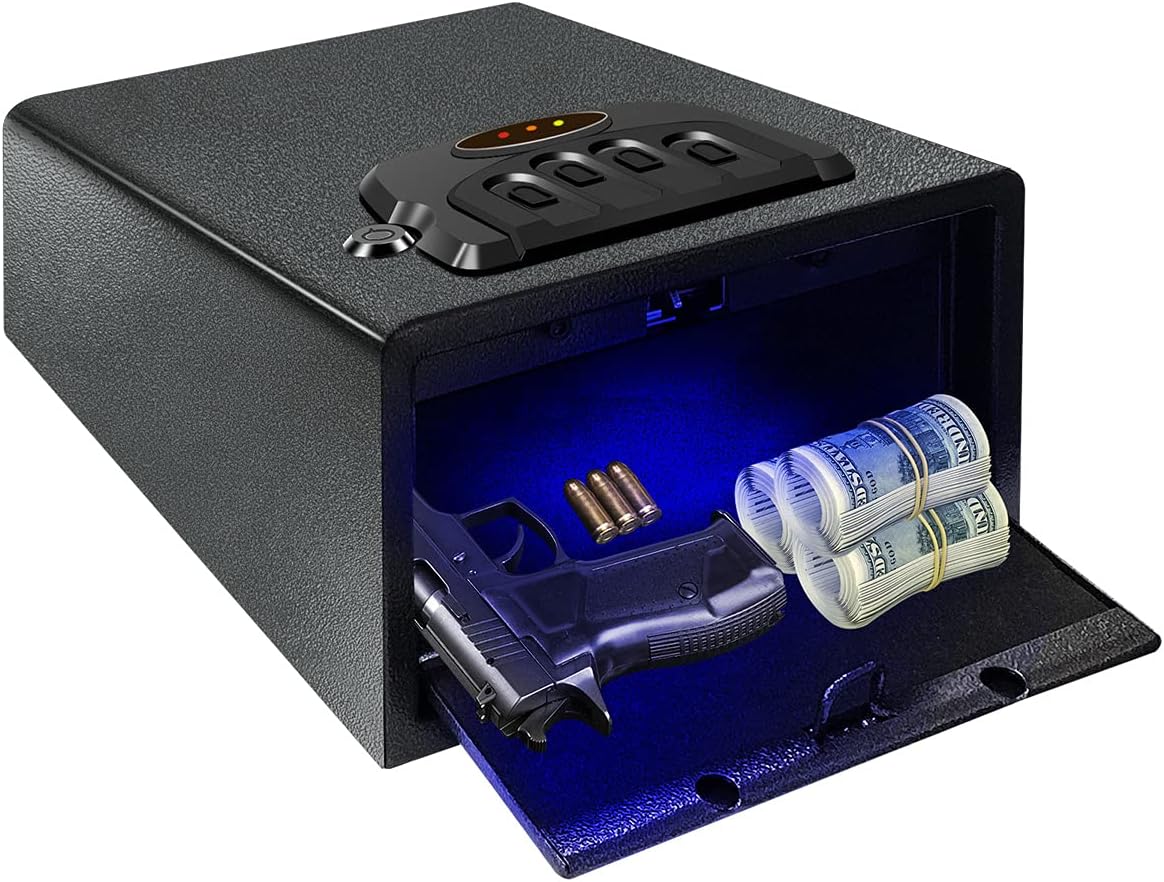 Sdstone Gun Safe Solid Steel Quick Access Electronic Pistol Safe With Sensor Light,Gun Security Cabinet Box With Four-Keypad And 2 Emergency Keys , Security Cabinet Handgun Lock Pop-Open Door
