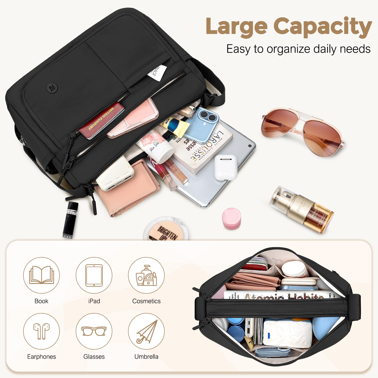 Grand Sac Bandoulière Femme, Sac à Main en Imperméable avec Multipoches, Messenger Bag Léger et Ajustable