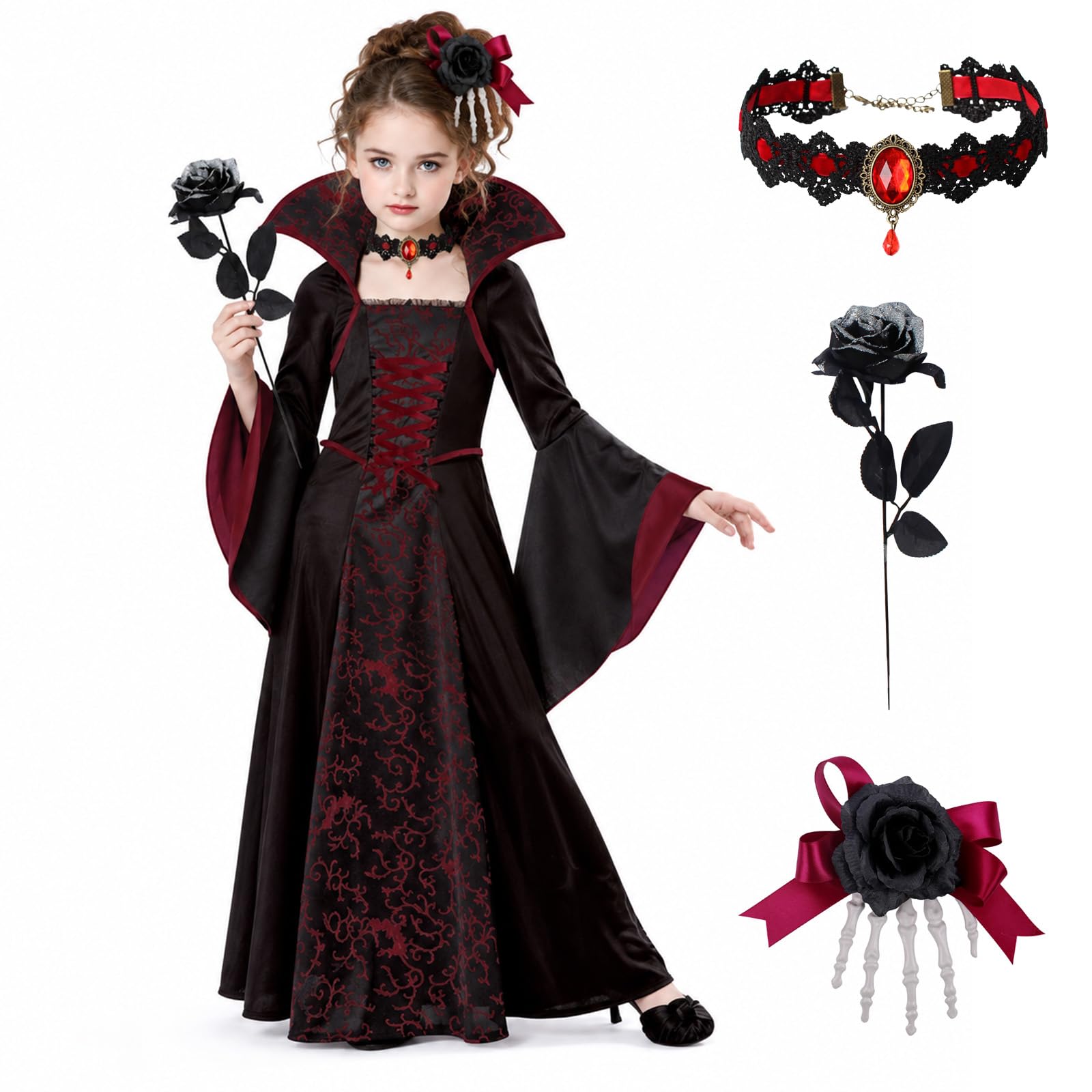 Girls Halloween Costumes Vampire Dress, Kids Vampire Costume with Mask Choker Rose & Fangs, Gothic Victorian Long Sleeve Fancy Dress Outfit for Girls, Halloween Costumes for Kids