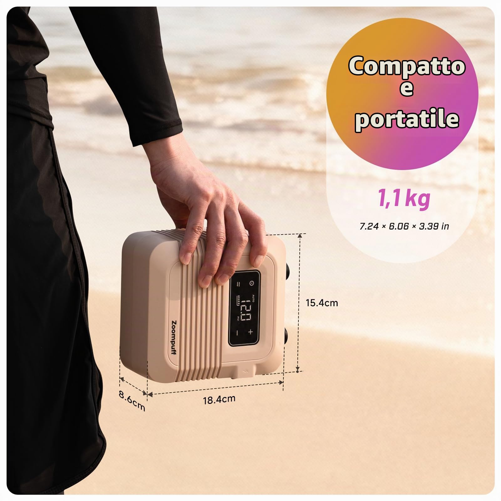 Pompa SUP elettrica, SUP ricaricabile 20 PSI, gonfiaggio rapido | 5 min a 12 PSI, 1,14 kg leggera, Batteria 38,48Wh, Gonfiaggio e sgonfiaggio doppio stadio, 7 ugelli, SUP, barche, kayak